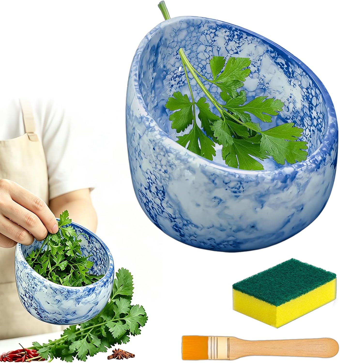 Efficient Ceramic Herb Stripper Bowl Pottery Herb Stripping Tool, Kitchen Leaf Removal Tool for Kale, Chard, Cilantro, Thyme, Basil, Parsley & Rosemary