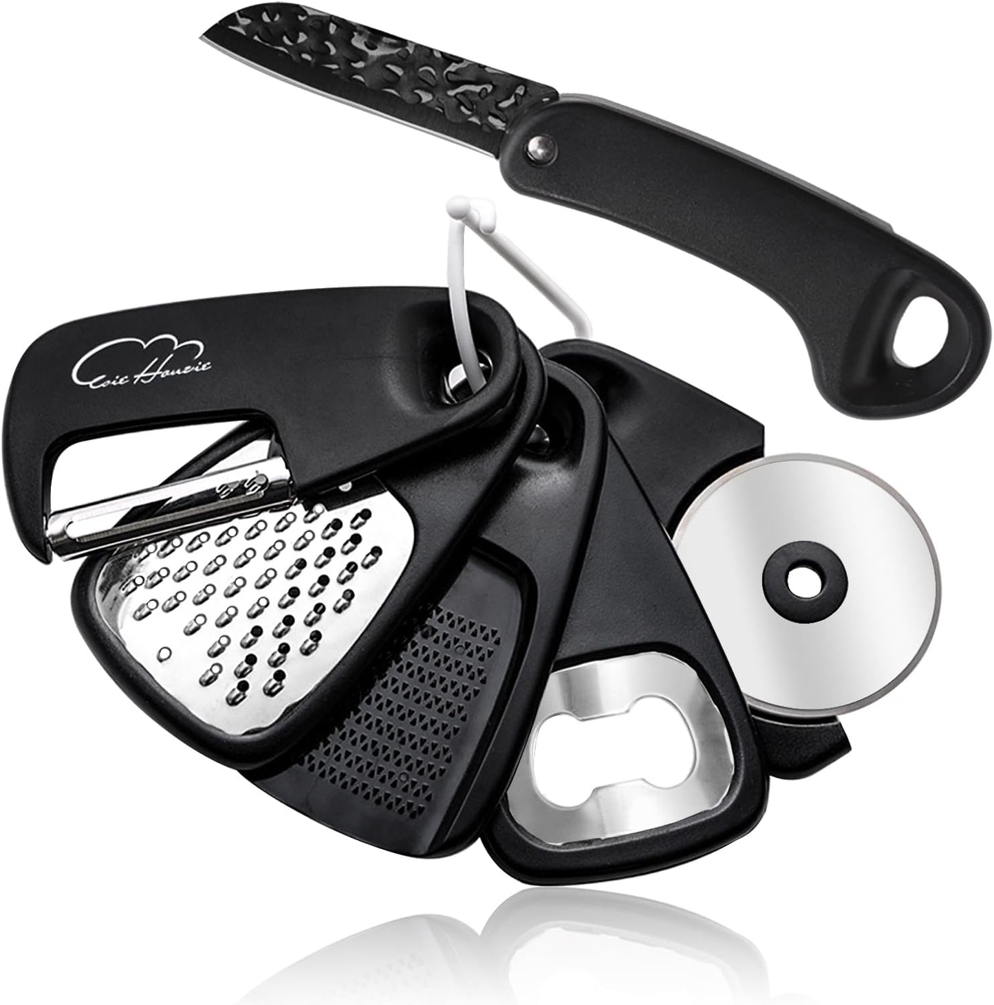 Kitchen Gadgets Set 5 Pieces, Space Saving Cooking Tools Kitchen Accessories - Fruit/Vegetable Peeler, Cheese/Chocolate Grater, Bottle Opener, Pizza Cutter, Garlic/Ginger Grinder Gift Set (Black)