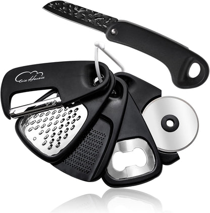 Kitchen Gadgets Set 5 Pieces, Space Saving Cooking Tools Kitchen Accessories - Fruit/Vegetable Peeler, Cheese/Chocolate Grater, Bottle Opener, Pizza Cutter, Garlic/Ginger Grinder Gift Set (Black)