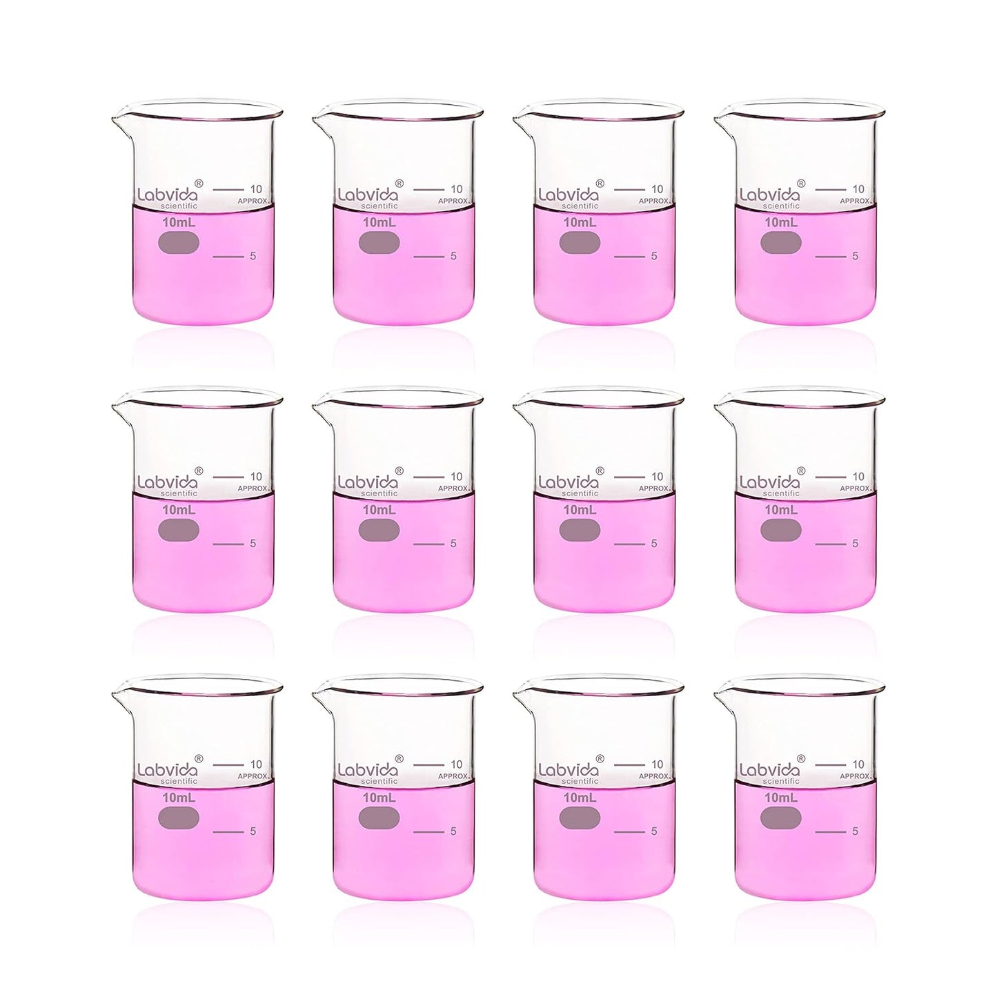 Upgrated 6 Size Low Form Glass Beaker Set, 25ml 50ml 100ml 250ml 500ml 1000ml, 3.3 Boro Glass beakers with Printed Graduation, LVA019