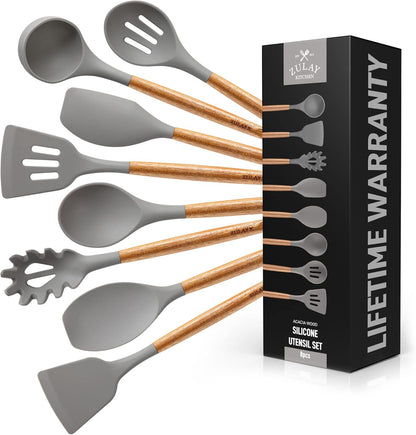Zulay Kitchen Utensils Set Non-Stick Silicone Cooking Utensils Set with Authentic Acacia Wood Handles - 5 Piece Silicone Utensil Set - Kitchen Utensils Set with 464°F Heat Resistance - Gray