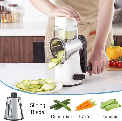 VEKAYA Rotary Cheese Grater Hand Crank with 4 Interchangeable Stainless Steel Blades, Large Manual Handle Shredder and Waffle Slicer for Vegetables, Cheese and Nuts with Table Suction Base(Blue)