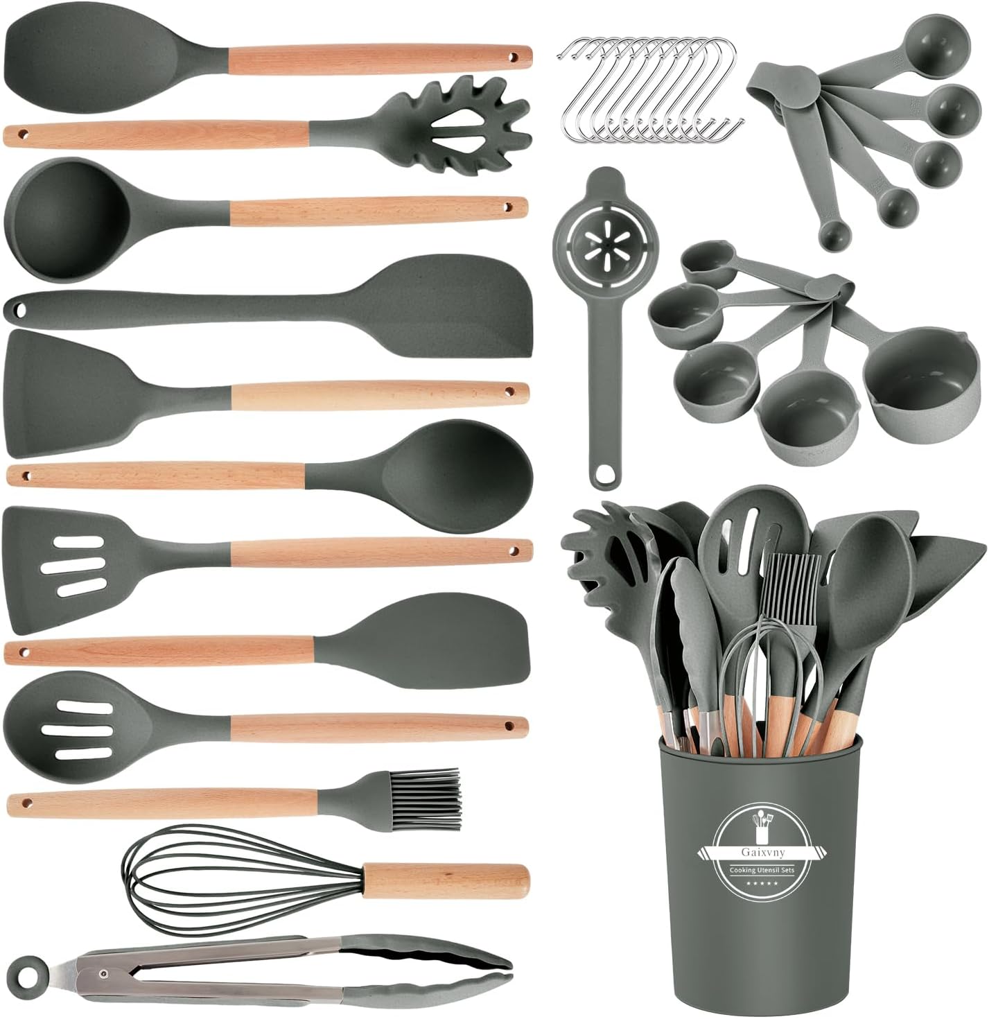 Kitchen Utensils Set - 34 PCS Non-Stick Silicone Cooking Utensils Set Spatula Set with Holder, Wooden Handle Spoon,Brush,Whisk Kitchen Gadgets Tools Set for Nonstick Cookware (Cream White-34P)
