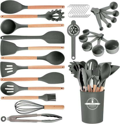 Kitchen Utensils Set - 34 PCS Non-Stick Silicone Cooking Utensils Set Spatula Set with Holder, Wooden Handle Spoon,Brush,Whisk Kitchen Gadgets Tools Set for Nonstick Cookware (Cream White-34P)