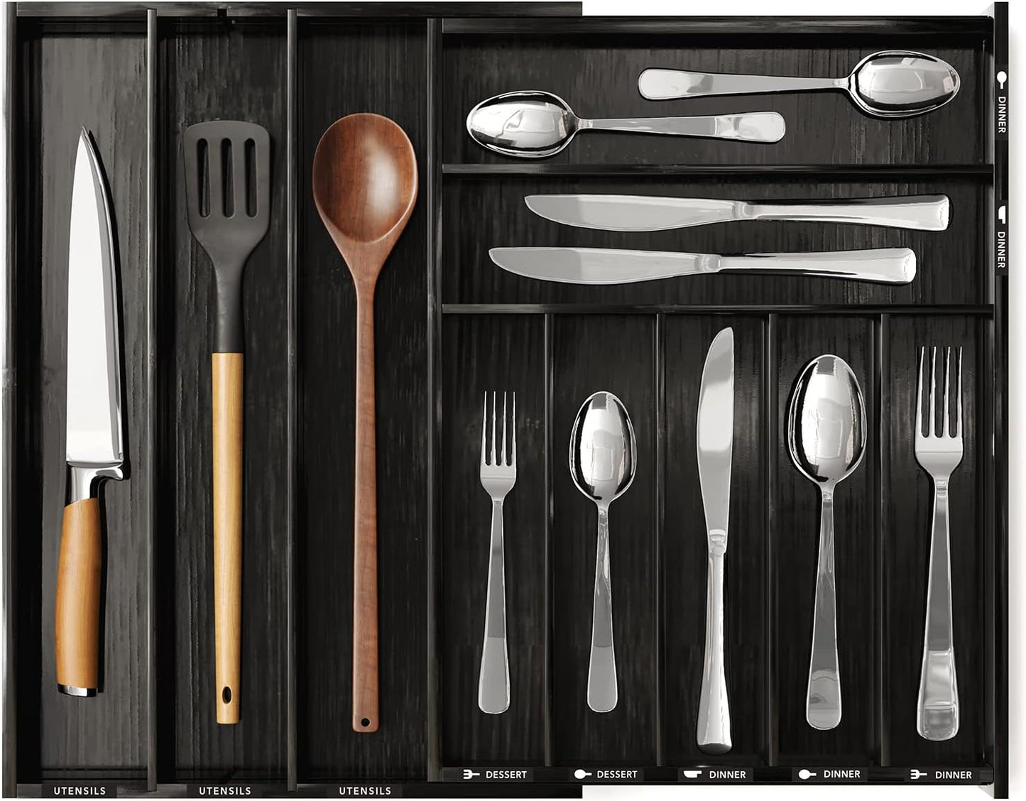 SpaceAid Bamboo Silverware Drawer Organizer with Labels, Kitchen Utensil Expandable Tray Holder Organizer for Flatware, Cutlery, Spoon and Knives Drawer Storage Organization (Natural, 10 Slots)