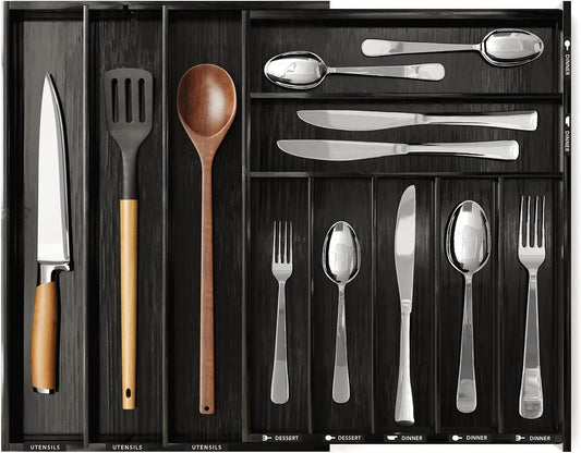 SpaceAid Bamboo Silverware Drawer Organizer with Labels, Kitchen Utensil Expandable Tray Holder Organizer for Flatware, Cutlery, Spoon and Knives Drawer Storage Organization (Natural, 10 Slots)