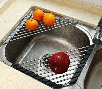Over the Sink Dish Drying Rack Roll Up and Triangle for Kitchen Corner Drainer Mat Foldable Stainless Steel (Triangle), Silver