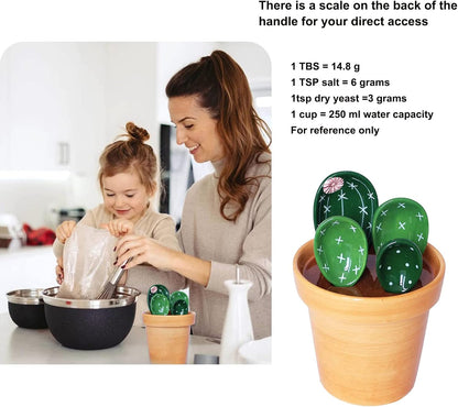5 Pieces Measuring Spoons Set/Ceramics Spoons and Measuring Base Cup/for Dry and Liquid Ingredient, Cute Cactus Shape (Solid color base)