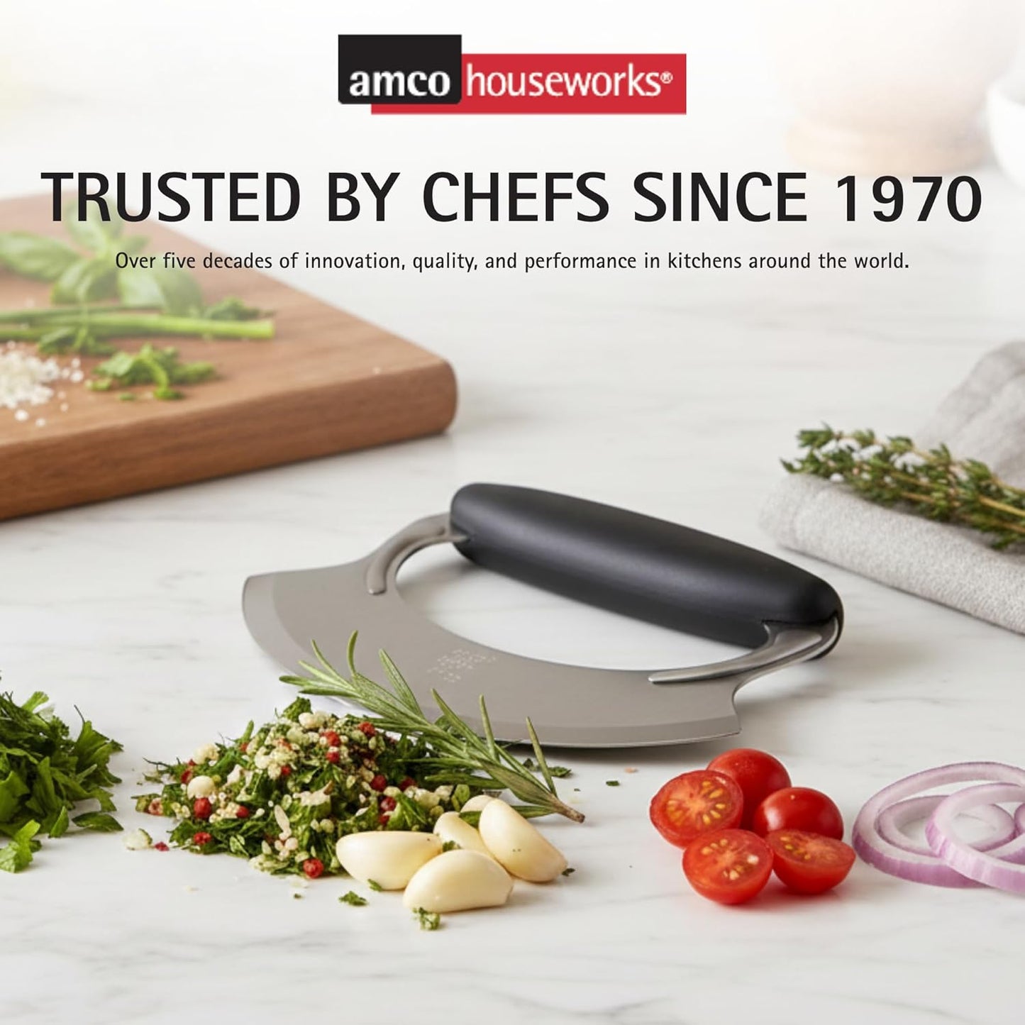 Amco Mezzaluna Herb Chopper with Silicone Handle & Stainless Steel Blade - 4.9" Dishwasher Safe Chopping Tool for Herbs, Vegetables & Garlic - Non-Slip Grip, Easy to Use & Comfortable to Hold