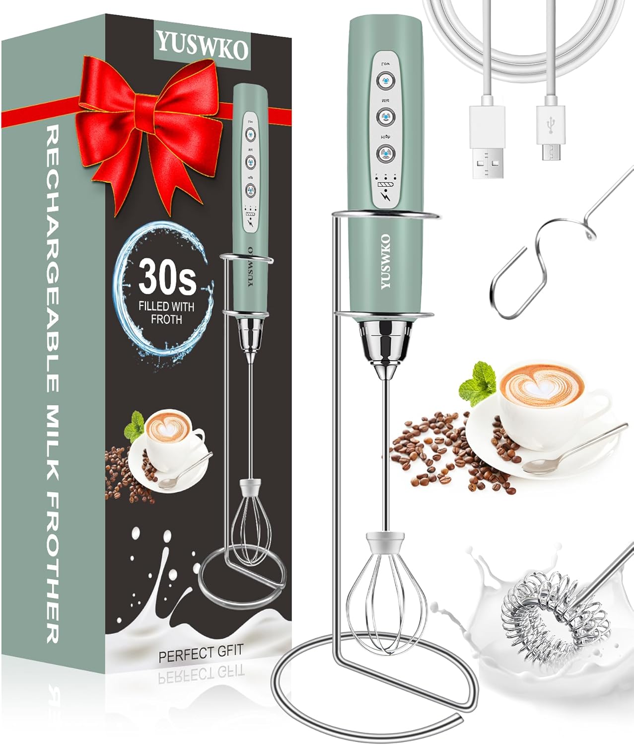 YUSWKO Black Handheld Milk Frother Wand for Coffee, Rechargeable Electric Whisk with 3 Heads 3 Speeds Drink Mixer Coffee Frother For Latte, Cappuccino, Hot Chocolate, Egg