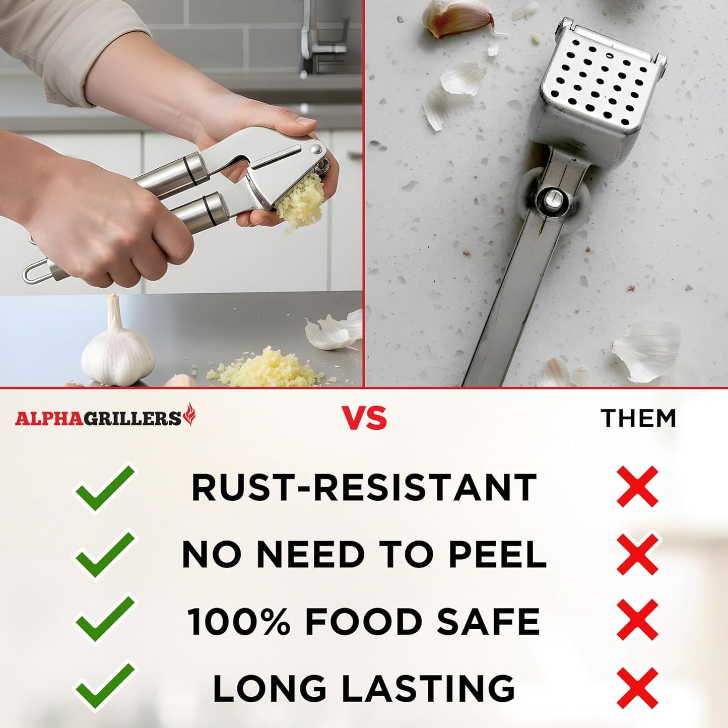 Alpha Grillers Garlic Press Stainless Steel - Easy to Clean, Rust-Proof, Dishwasher Safe - Stainless Steel Garlic Press, Mincer, Crusher with Silicone Peeler & Cleaning Brush