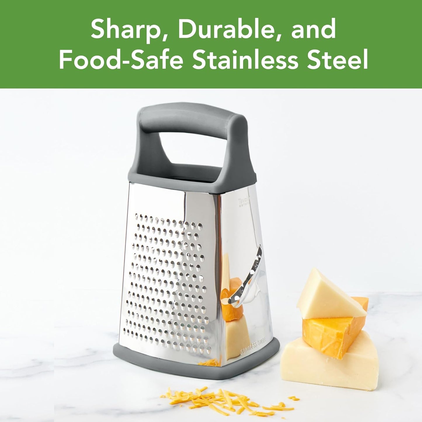 Tovolo Box Grater 4 Sided Large Stainless Steel Cheese Grater for Shredding Vegetables and Zesting, Easy to Clean Dishwasher Safe Box Grater with Ergonomic Handle and Non Slip Base, Charcoal Gray