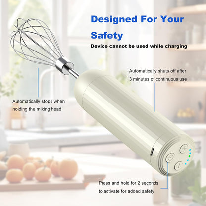 Cordless Hand Mixer MixgoII, Handheld Mixer Electric Whisk & Milk Frother, Hand Held Mini Mixers, Rechargeable Hand Mixer and Whisker, Food Processor for Cooking, Food Chopper, 4-Speed, 10Oz