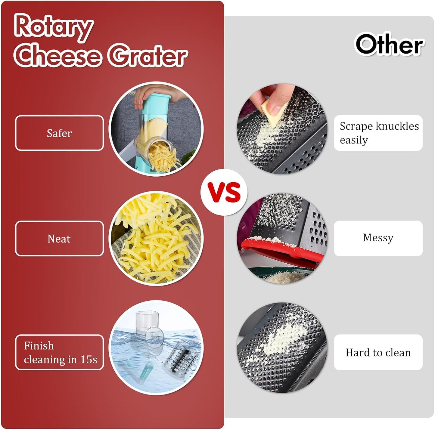 Ourokhome Rotary Cheese Grater Hand Crank, Kitchen Shredder Speed Mandolin Slicer Nut Grinder with Handle and Drum Blades for Cheese, Vegetable, Walnut, Chocolate, Potato, Carrot, 3 Blades, Dark Blue