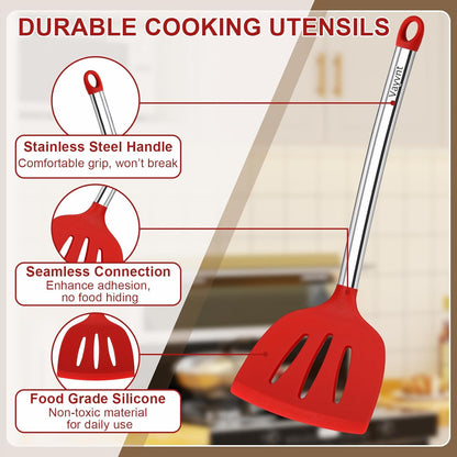 Vayvnt 4PCS Kitchen Utensils Set, Heat Resistant Silicone Utensils Set for Cooking, Non Scratch Spatula Spoons for Non Stick Pan, Large Kitchen Cooking Tools, Metal Long Handle&Dishwasher Safe, Blue