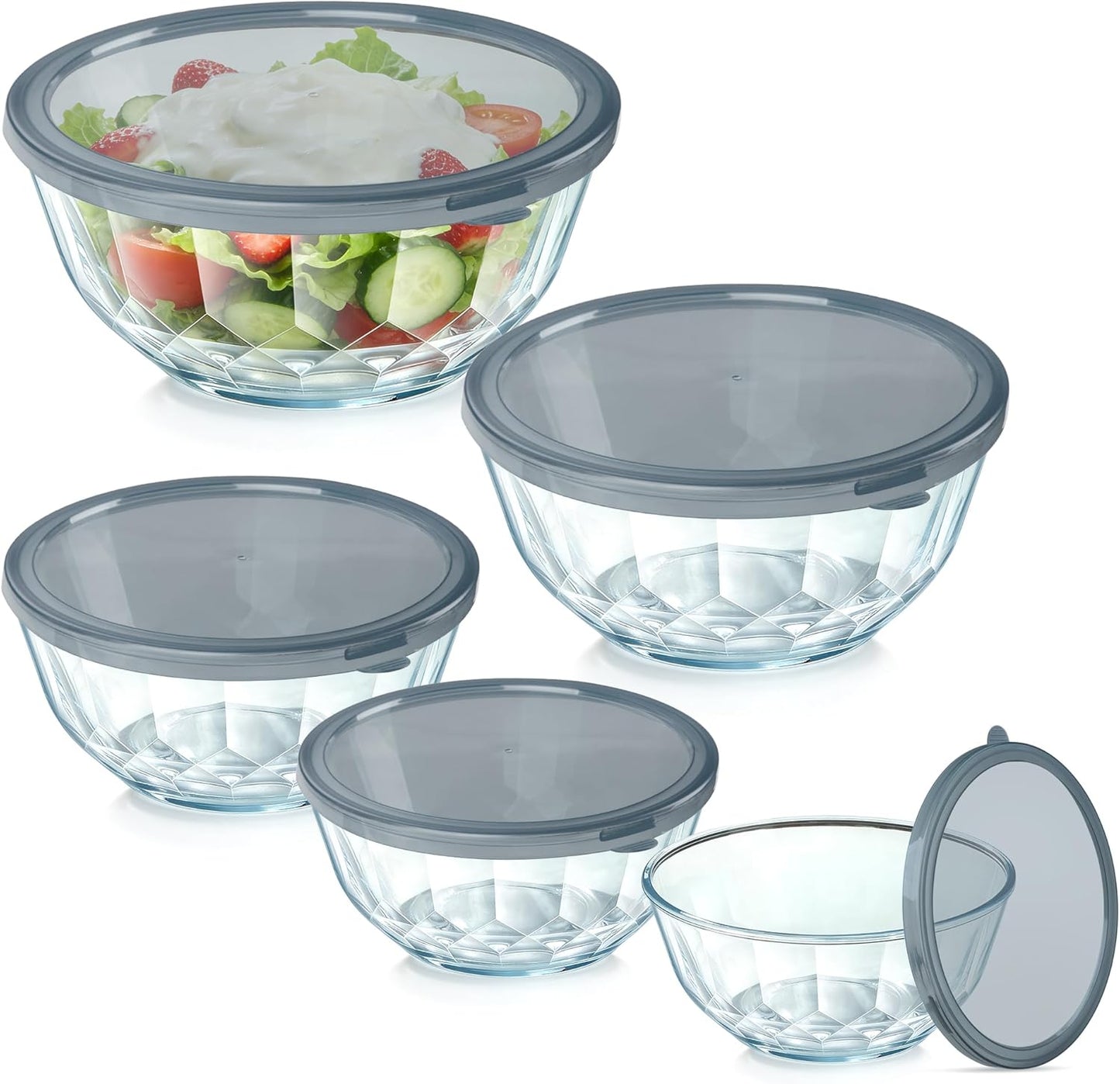 ENVTEK Thick Glass Mixing Bowls with Airtight Lids Set, 5-Piece Nesting Bowls for Baking & Meal Prep, BPA Free, Dishwasher Safe, 0.5/0.8/1.6/2.7/4.4 Quart - Gray