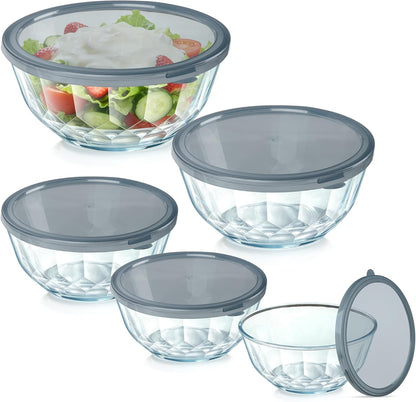 ENVTEK Thick Glass Mixing Bowls with Airtight Lids Set, 5-Piece Nesting Bowls for Baking & Meal Prep, BPA Free, Dishwasher Safe, 0.5/0.8/1.6/2.7/4.4 Quart - Gray