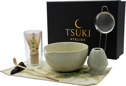 7 Pcs Matcha Whisk Set – Matcha Kit - Ceramic Bowl, Bamboo Whisk & Holder, Scoop, Sifter, Scoop Rest & Tea Towel – Elegant Matcha Kit for Tea Lovers, Home Decor & Zen Spaces (Green)