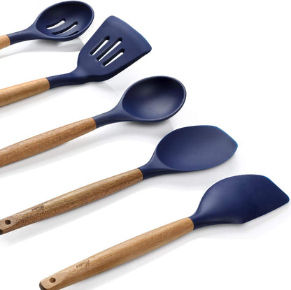 Kitchen Utensils Set, Silicone Cooking Utensils Set,Non-Stick Silicone Spatula Set with Natural Acacia Hard Wood Handle, 5 Piece, Upgraded Thickened Cookware