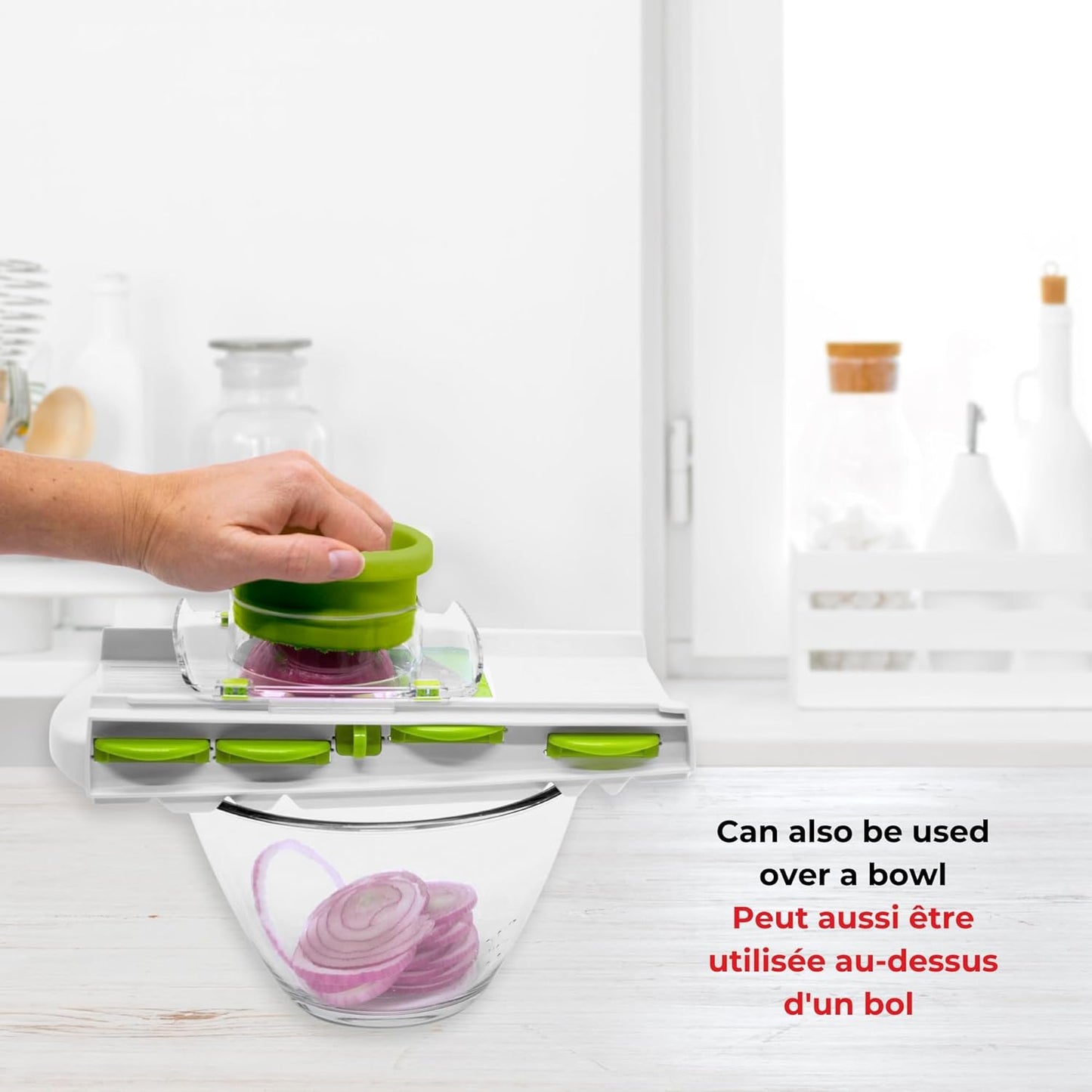 Starfrit Easy Mandoline Slicer, Dicer - 5-Blades and Graters - Straight & Crinkle Blades, Julienne, Grater & Shredder - Self-Feeding Pusher - Catch Base for Storage and Food Container