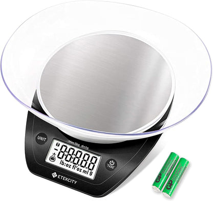 Etekcity 0.1g Food Kitchen Scale, Bowl, Digital Grams and Ounces for Weight Loss, Dieting, Baking, Cooking, and Meal Prep, 11lb/5kg, Stainless Steel Silver