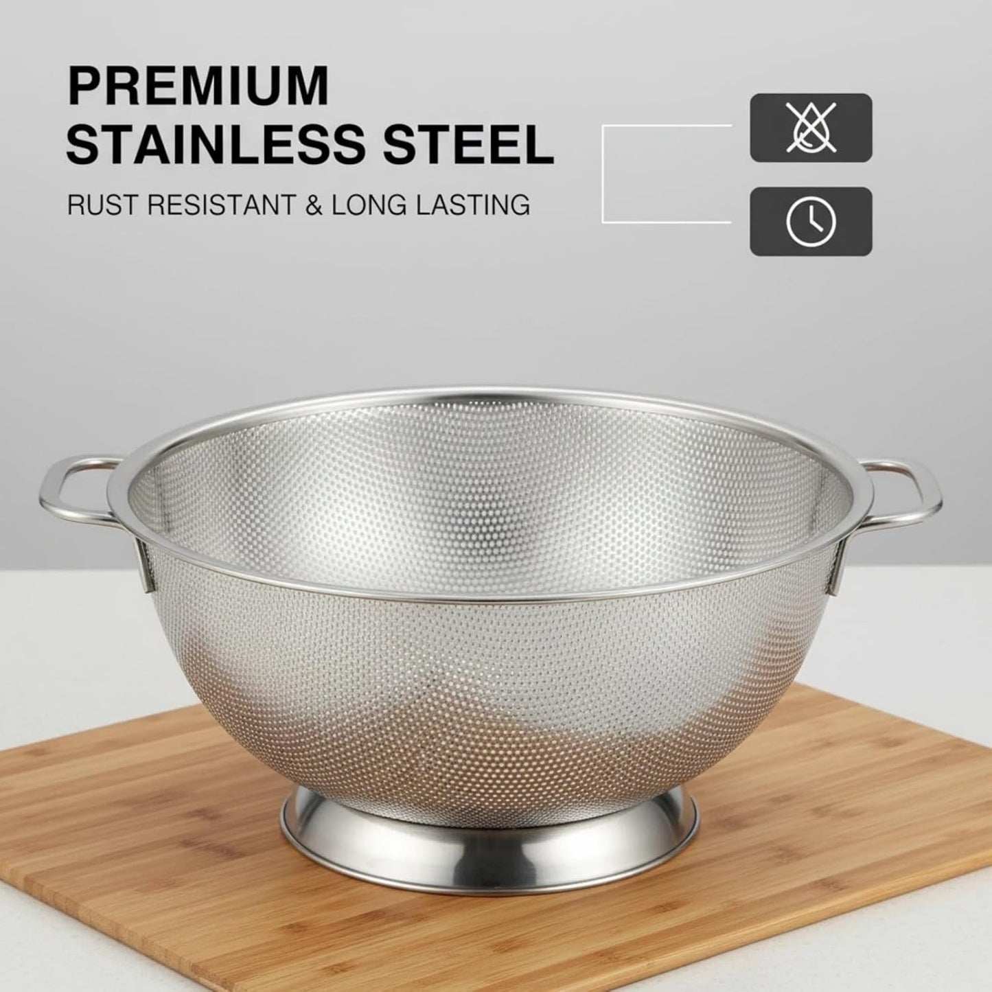 Stainless Steel Colander for Kitchen: Pasta & Vegetable Fruit Strainer Fine Mesh Colander with Dual Handles Non-Slip Base Large Strainer for Cooking