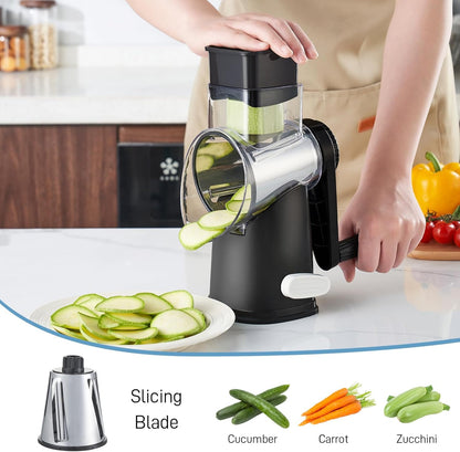 VEKAYA Rotary Cheese Grater Hand Crank with 4 Interchangeable Stainless Steel Blades, Large Manual Handle Shredder and Waffle Slicer for Vegetables, Cheese and Nuts with Table Suction Base(Blue)
