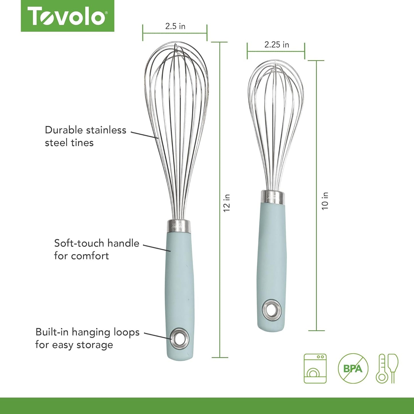 Tovolo Wire Whisk Set of 2 for Baking Cooking Mixing Whisking, 10" & 12" Inch Stainless Steel Wire Kitchen Whisk Set Balloon Design Sturdy Comfort Grip Handle BPA Free Dishwasher Safe, Charcoal Gray