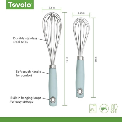 Tovolo Wire Whisk Set of 2 for Baking Cooking Mixing Whisking, 10" & 12" Inch Stainless Steel Wire Kitchen Whisk Set Balloon Design Sturdy Comfort Grip Handle BPA Free Dishwasher Safe, Charcoal Gray
