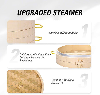 MacaRio Bamboo Steamer Basket Set 10 inch Steamer for Cooking, with Side Handles Chopsticks Ceramic Sauce Dishes Paper Liners, for Dim Sum Dumplings Buns Seafoods Rice Asian Foods