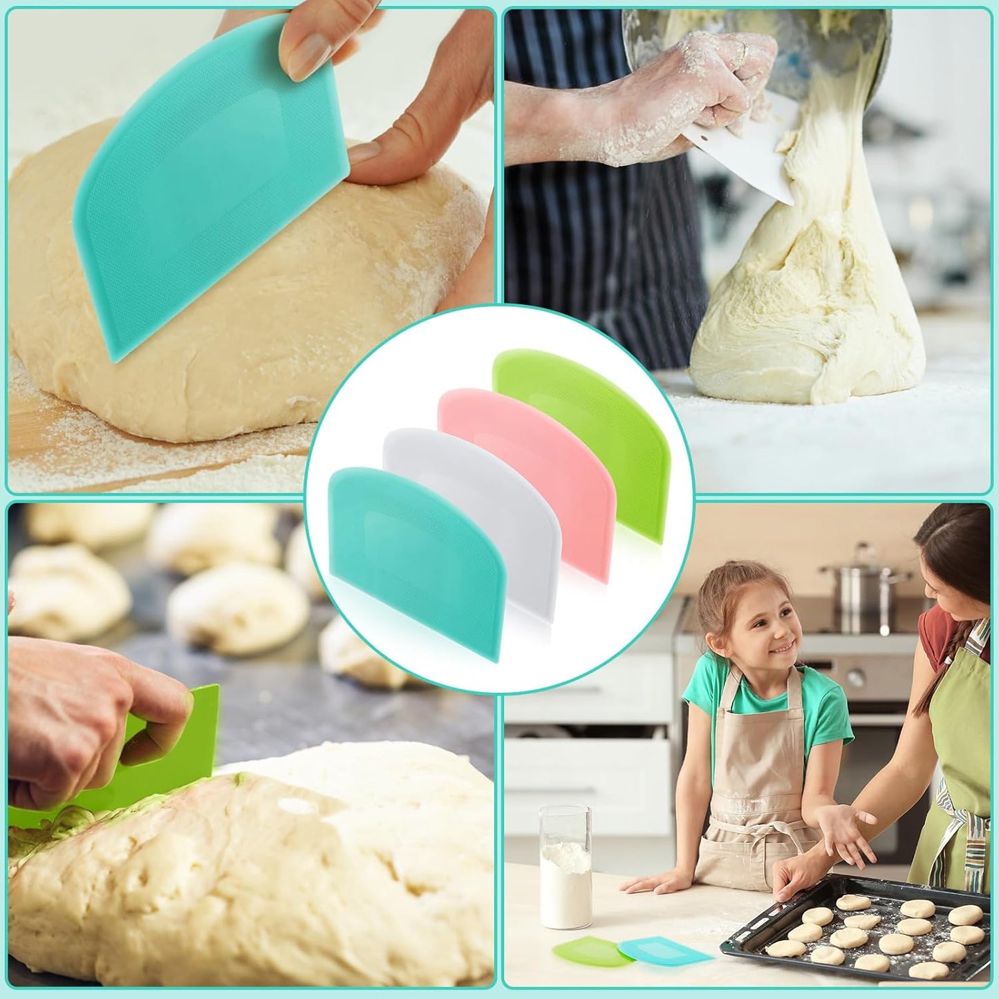 Thyle 20 Pcs Plastic Dough Scraper Set Bowl Multipurpose Dough Cutter Flexible Scraper Spatula for Kitchen Baking Tool Cake Bread Pizza Food Pastry Icing Fondant, White, Pink, Green and Blue