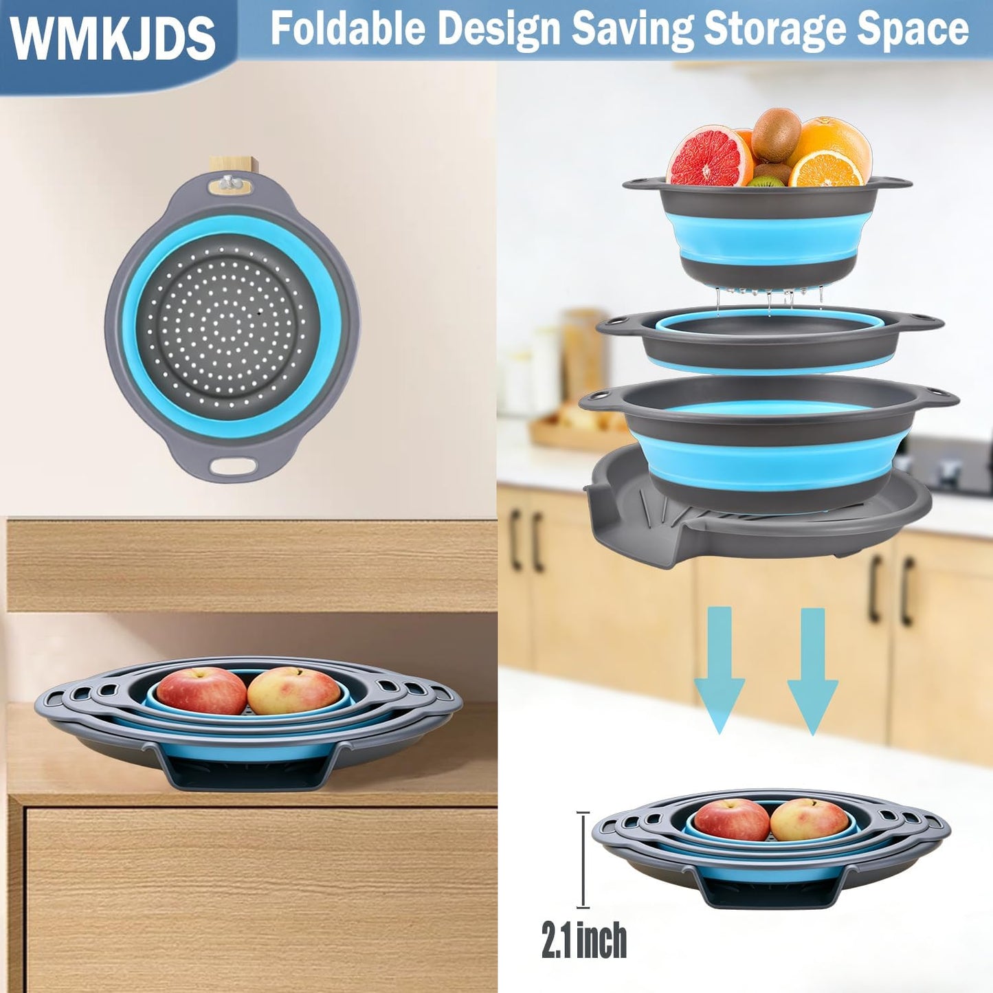 Collapsible Colanders Food Strainers, 3-Pack Foldable Kitchen Strainers with Over-Sink Water Draining Tray, Space Saving Kitchen Drainer for Vegetables, Fruit, Pasta and Rice (White-Gray)