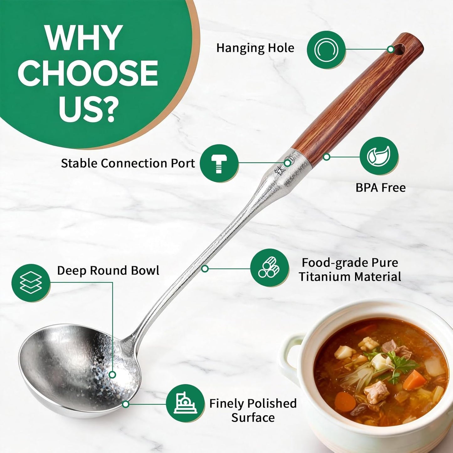 Newness Soup Ladle, [Rustproof, Heat Resistance, Integral Forming] Resilient 304 Stainless Steel Soup Spoon with Vacuum Ergonomic Round Handle, Cooking Spoon for Kitchen, 13.7 Inches