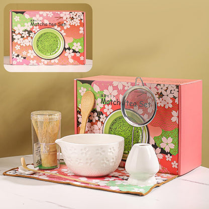 8-Piece Matcha Ceremony Set - Tea Kit with Cherry Blossom Bowl, Bamboo Whisk, Wood Scoops, Tea Cloth & Floral Display - Gift-Ready Pink Cherry color box (blue)