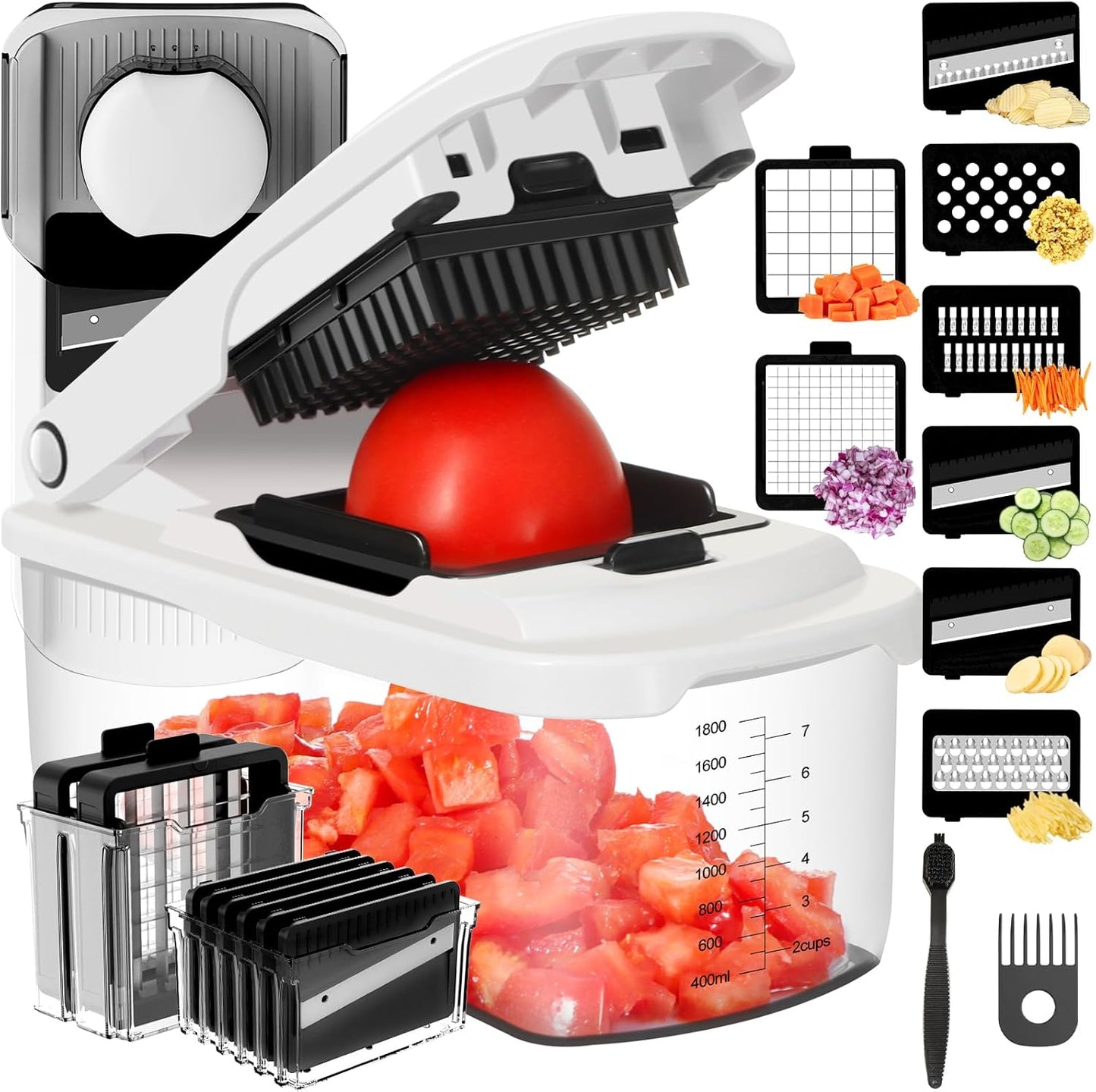 Ourokhome Veggie Chopper and Dicer with Container, Manual Hand Food Mandolin Slicer with 4 in 1 Handheld Vegetable Spiralizer for Zucchini, Potato, Onion, Essential Kitchen Gadgets (12 in 1, Gray)