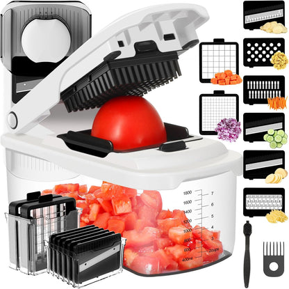 Ourokhome Veggie Chopper and Dicer with Container, Manual Hand Food Mandolin Slicer with 4 in 1 Handheld Vegetable Spiralizer for Zucchini, Potato, Onion, Essential Kitchen Gadgets (12 in 1, Gray)