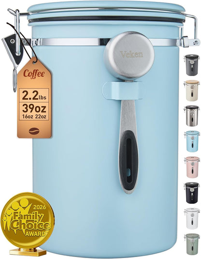 Veken Coffee Canister, Airtight Stainless Steel Kitchen Food Storage Container with Date Tracker and Scoop for Beans, Grounds, Tea, Flour, Cereal, Sugar, Cookie, 16OZ, Cream