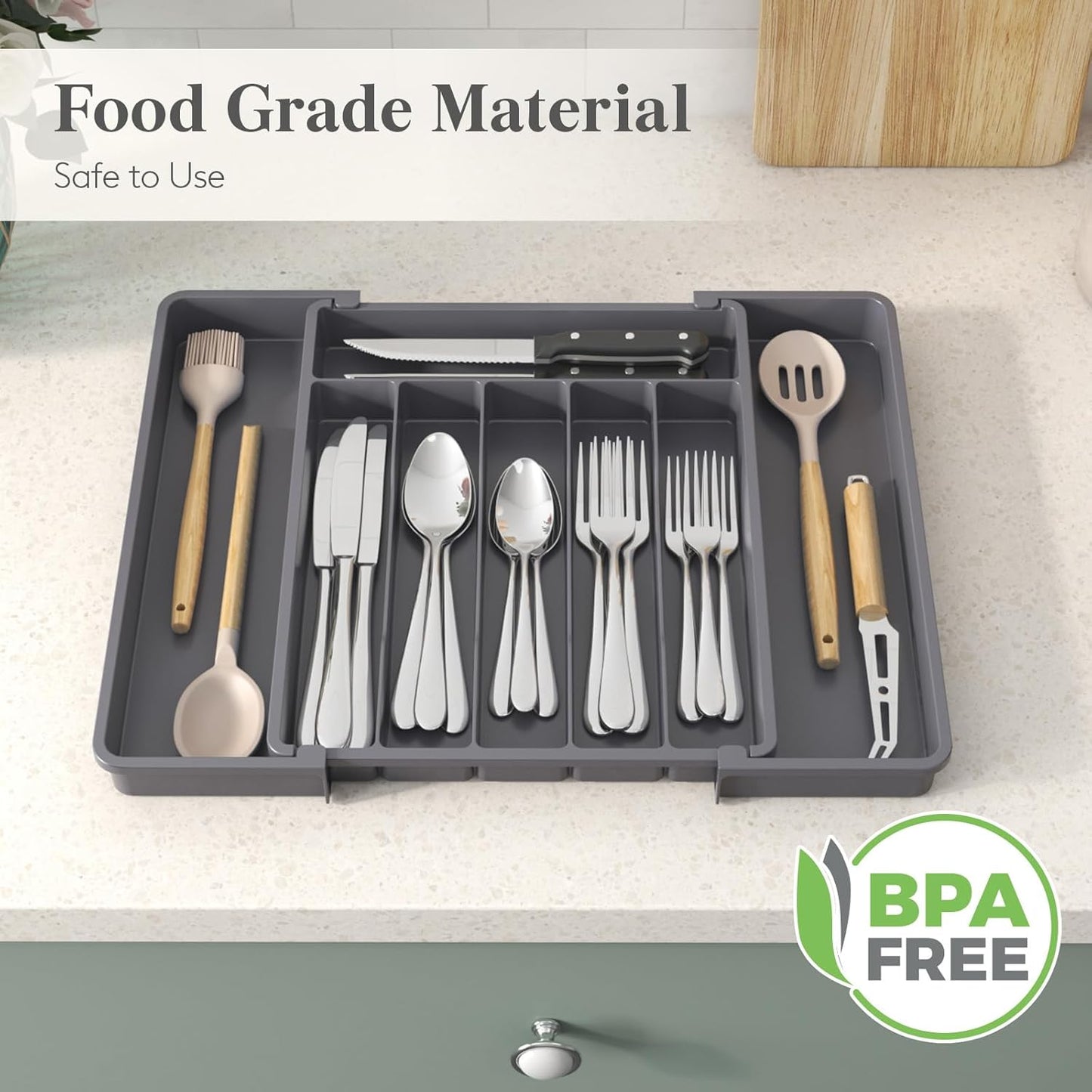 Lifewit Silverware Drawer Organizer, Expandable Utensil Tray for Kitchen, BPA Free Flatware and Cutlery Holder, Adjustable Plastic Storage for Spoons Forks Knives, 11-18 x 14", Black
