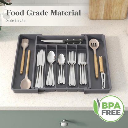 Lifewit Silverware Drawer Organizer, Expandable Utensil Tray for Kitchen, BPA Free Flatware and Cutlery Holder, Adjustable Plastic Storage for Spoons Forks Knives, 11-18 x 14", Black