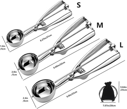 Ice Cream Scoop, 3Pcs Cookie Scoop Set, Stainless Steel Cookie Scoops for Baking Set of 3, Cookie Scooper for Baking, Ice Cream Scooper with Trigger Release, Cookie Dough Scoop