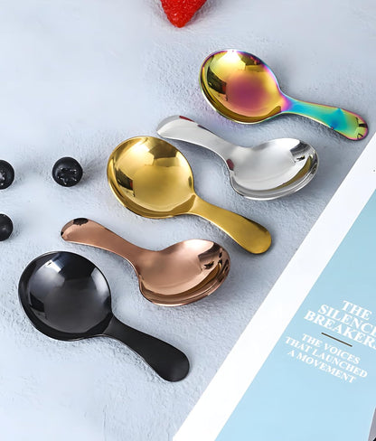 5PCS Short Handle Spoon, Stainless Steel Mini Spoons Thickened Small Round Spoon For Salt Condiments Dessert Tea Coffee (Black)