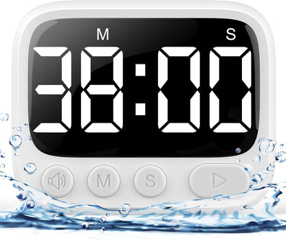 HAUKINIX Shower Timer Waterproof Bathroom Toilet Timer Digital Kitchen for Wall Mount, Study w/Foldable Stand, Countdown Stopwatch w/Suction Cup for Swim, Rechargeable, White