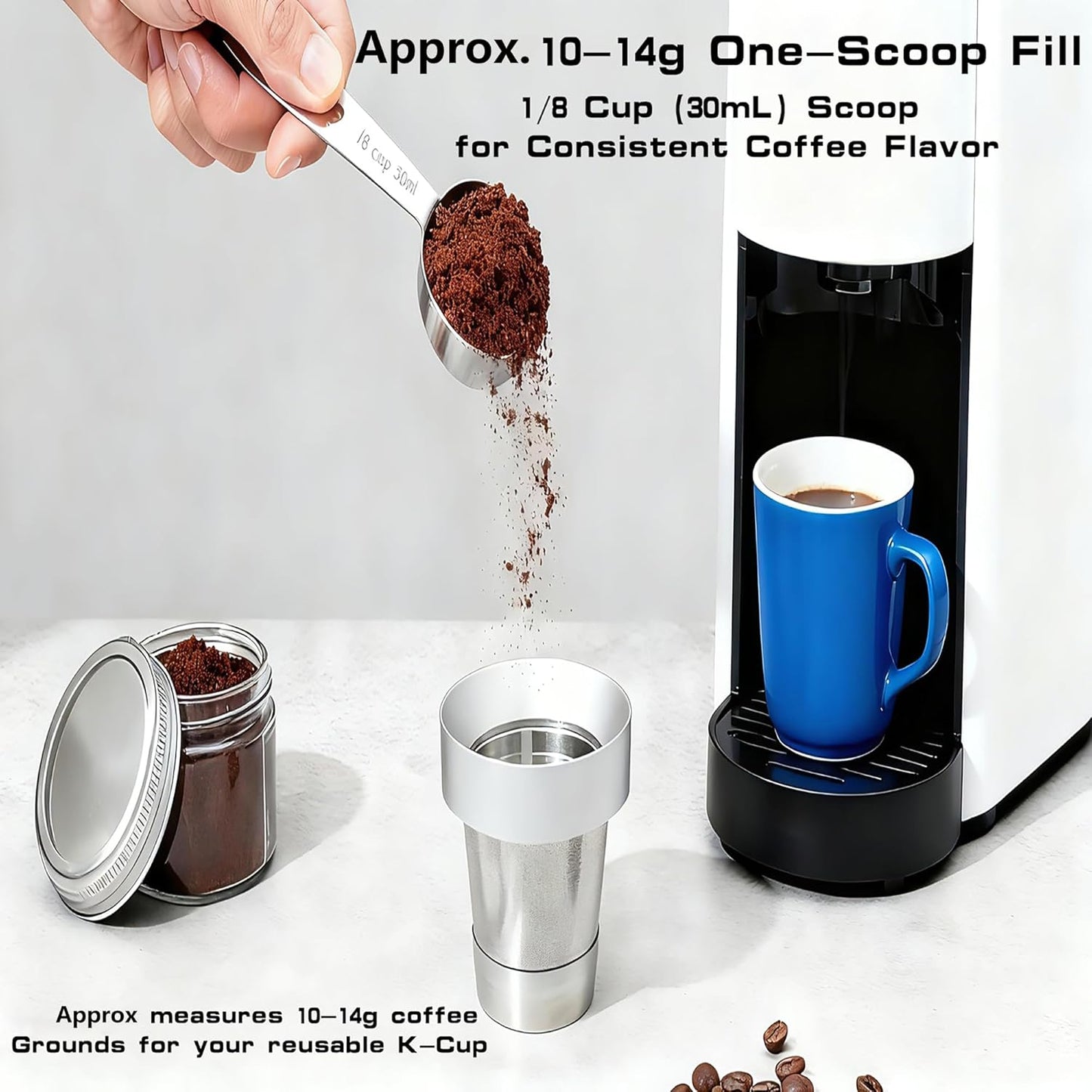 Reusable K Cup Refill Kit, 304 Stainless Steel 30ML Coffee Scoop & Aluminum Dosing Funnel, Fits Keurig 1.0 & 2.0 Reusable Metal/Plastic K-Cups Silver