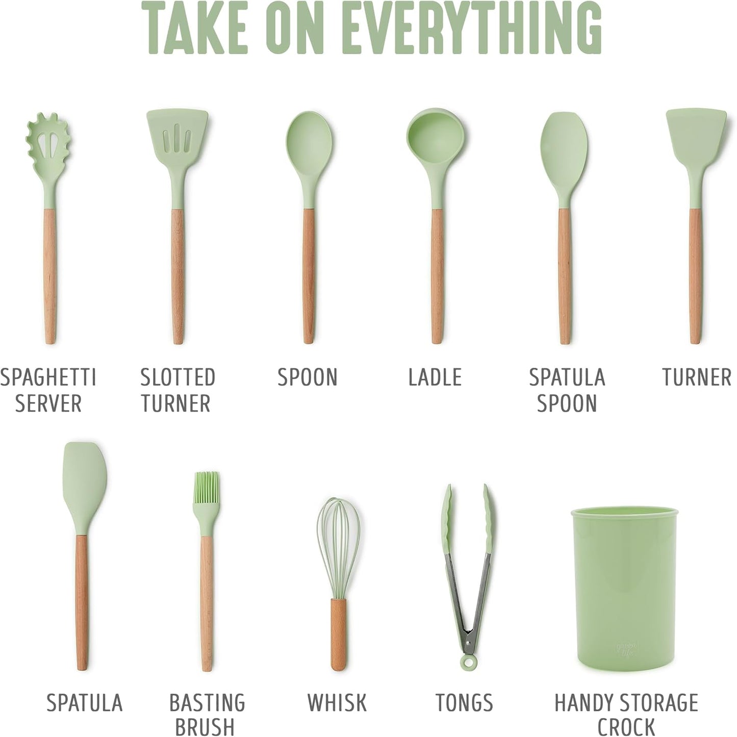 GreenLife 11 Piece Silicone Utensil Crock Set, Nonstick Kitchen Tools, Ladle, Turner, Slotted Turner, Spatula, Spoon, Spaghetti Server, Brush, Whisk, Tongs, Crock, Cream White