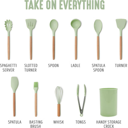 GreenLife 11 Piece Silicone Utensil Crock Set, Nonstick Kitchen Tools, Ladle, Turner, Slotted Turner, Spatula, Spoon, Spaghetti Server, Brush, Whisk, Tongs, Crock, Cream White