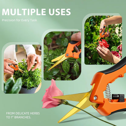 Decerk® 2 Pack Pruning Shears Set, 8.5" Bypass Hand Pruner & 6.5" Precision Snips with Sharp SK5 Steel Blades, Garden Clippers Scissors for Fresh Branch Plant Flower Bonsai