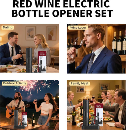 Liuzouwin5-in-1 ElectricWine Bottle Opener Set Battery Operated Reusable Corkscrew with Storage Base, Foil Cutter, Wine Pour& Wine Stopper (Silver)
