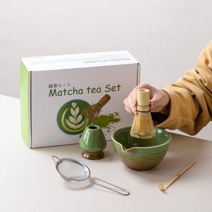 Traditional Matcha Tea Ceremony Set with Ceramic Bowl, Bamboo Whisk, Stand and Strainer, 5-Piece (yellow)