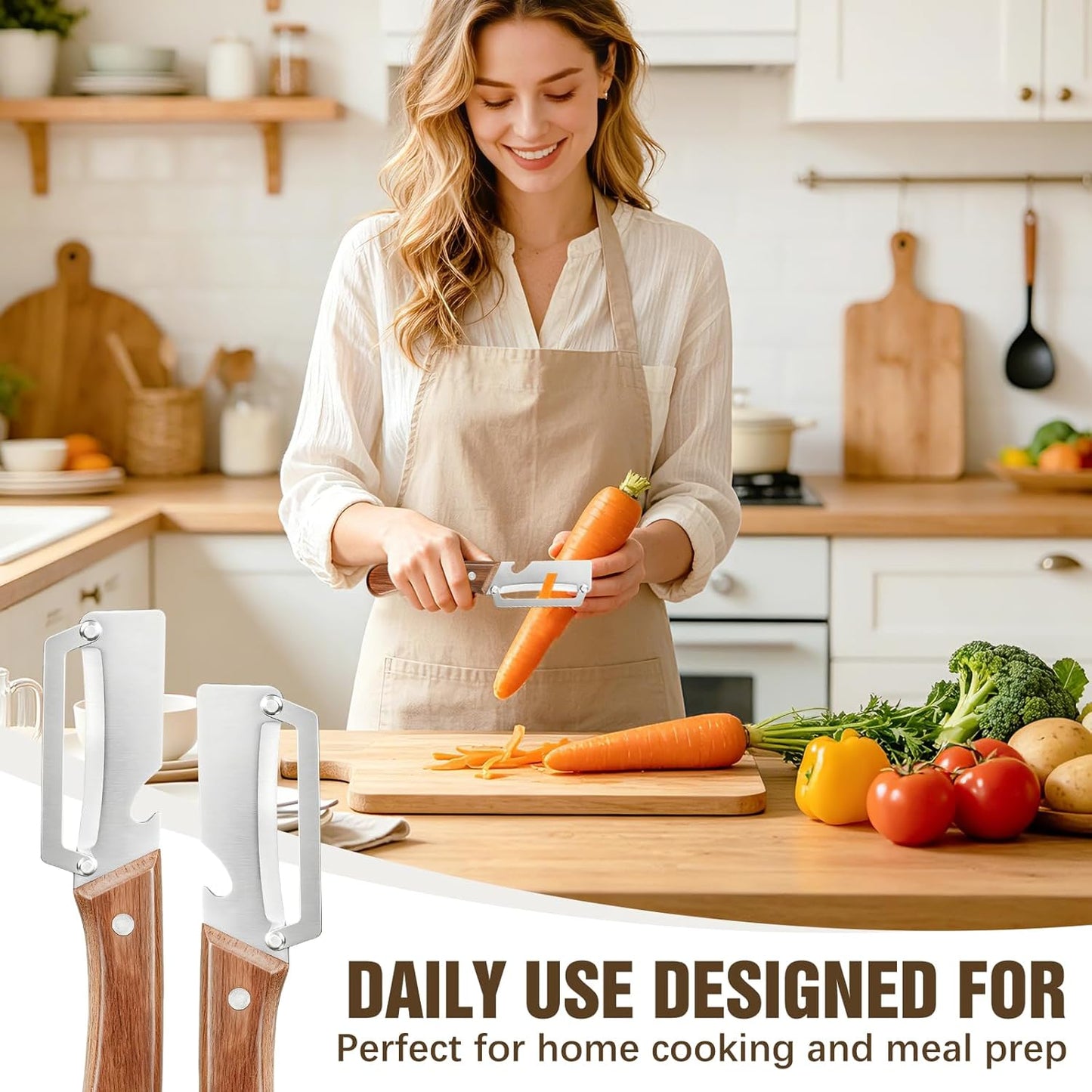 Left & Right Hand Vegetable Peeler Set with Scallion Slicer & Bottle Opener, Heavy-Duty Thick Stainless Steel Blade, Multi-Function Kitchen Peeler with Wooden Handle for Fruits & Vegetables(New 2pcs)