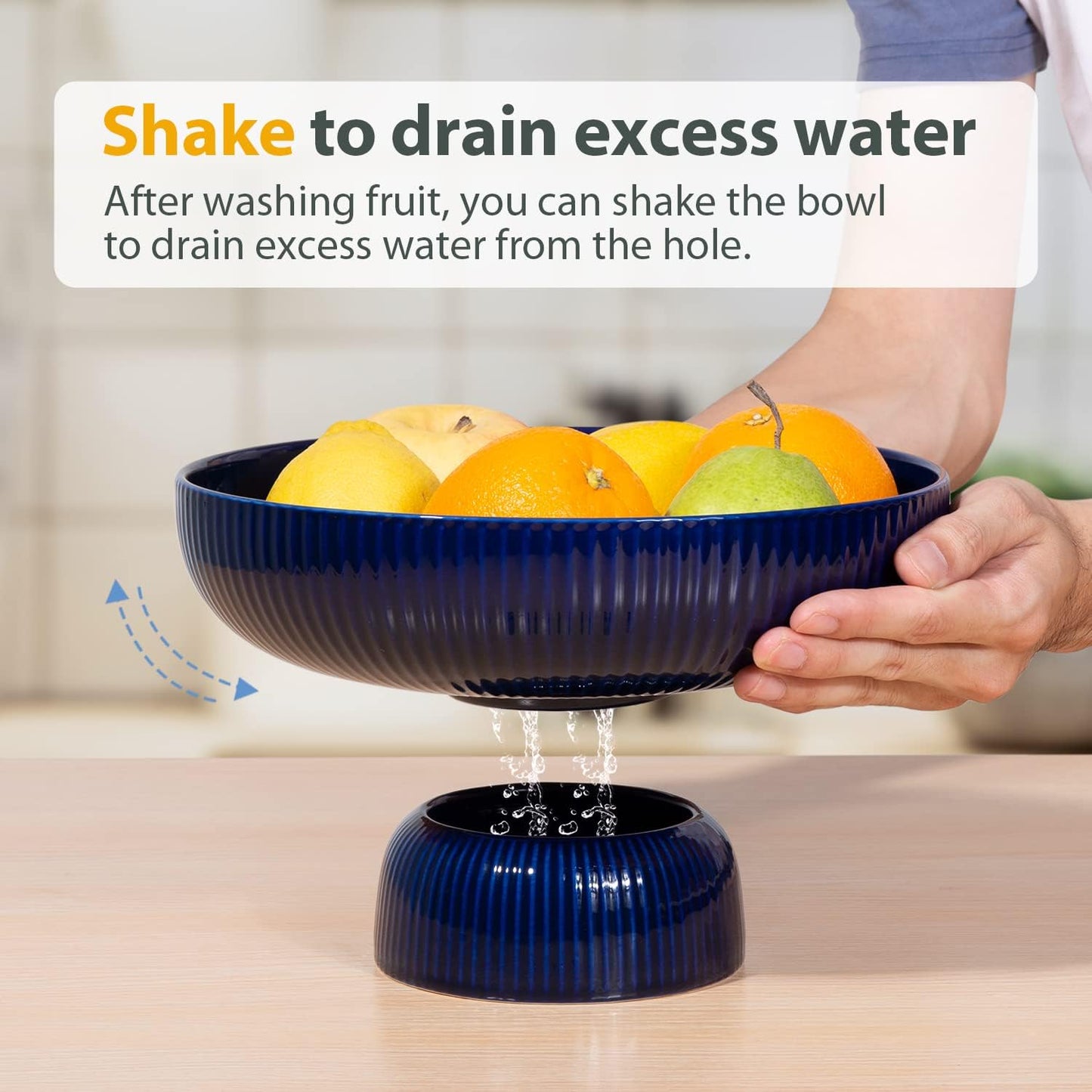 Ceramic Fruit Bowl with Draining Holes, 10" Large Fruit Basket with Multifunctional Removable Pedestal, Decorative Fruit Bowl for Table Countertop, Fruit and Vegetable Holder, Grey